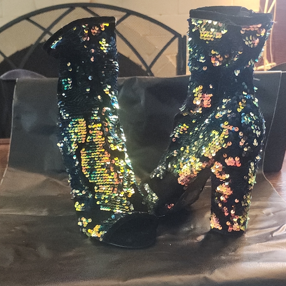 Sequin Ankle Boots - Black and Multicolor